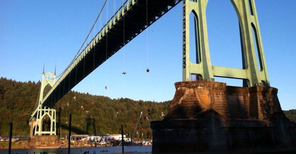 Dangling from Bridge, Greenpeace Climbers Blockade Arctic Drilling Ship